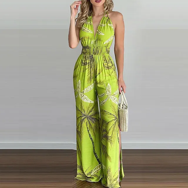 Women's Summer New Digital Printing Colorful Slit Jumpsuit