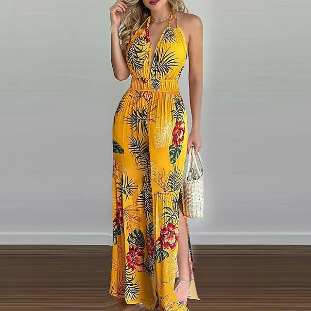 Women's Summer New Digital Printing Colorful Slit Jumpsuit