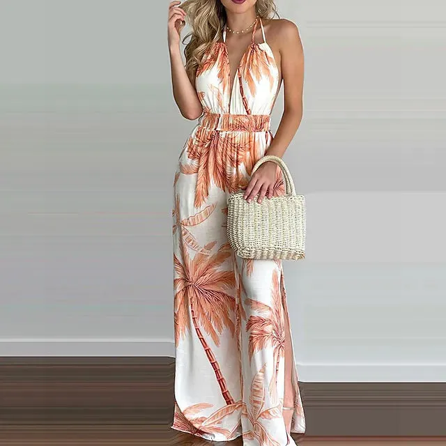 Women's Summer New Digital Printing Colorful Slit Jumpsuit