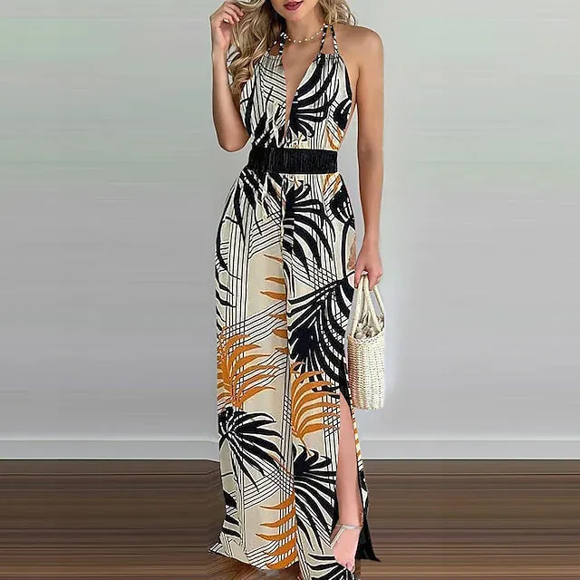 Women's Summer New Digital Printing Colorful Slit Jumpsuit