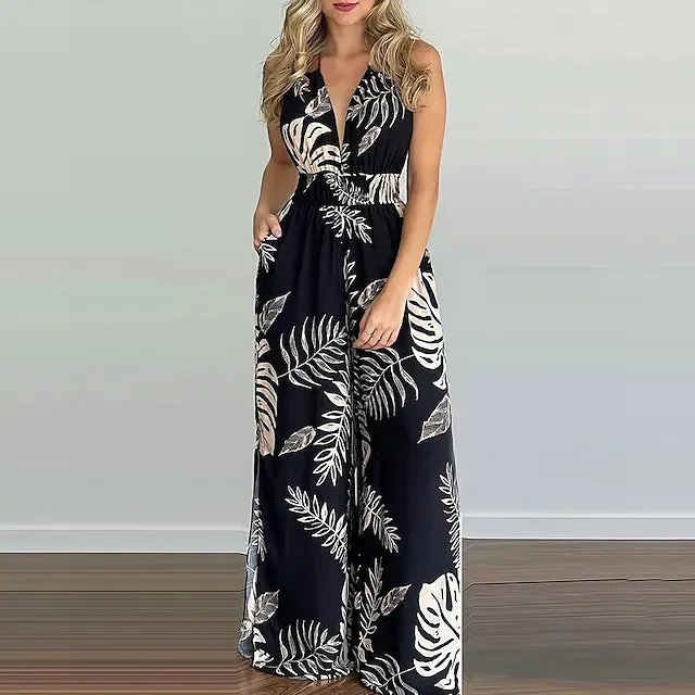 Women's Summer New Digital Printing Colorful Slit Jumpsuit