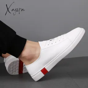 Xajzpa - New Fashion Men Genuine Leather Casual Shoes Lightweight Breathable Flats Shoes Luxury Brand Men's White Walking Sneakers