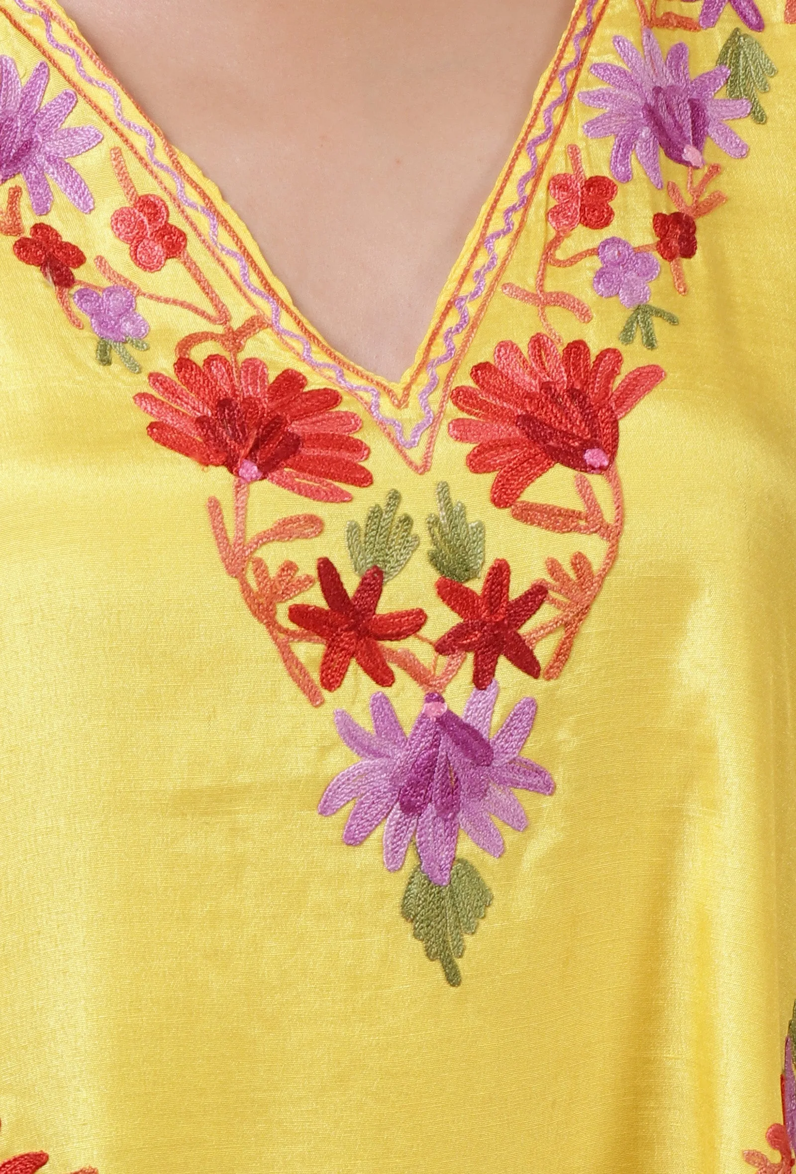 Yellow Silk Ari Embroidered Kaftan- Free Size