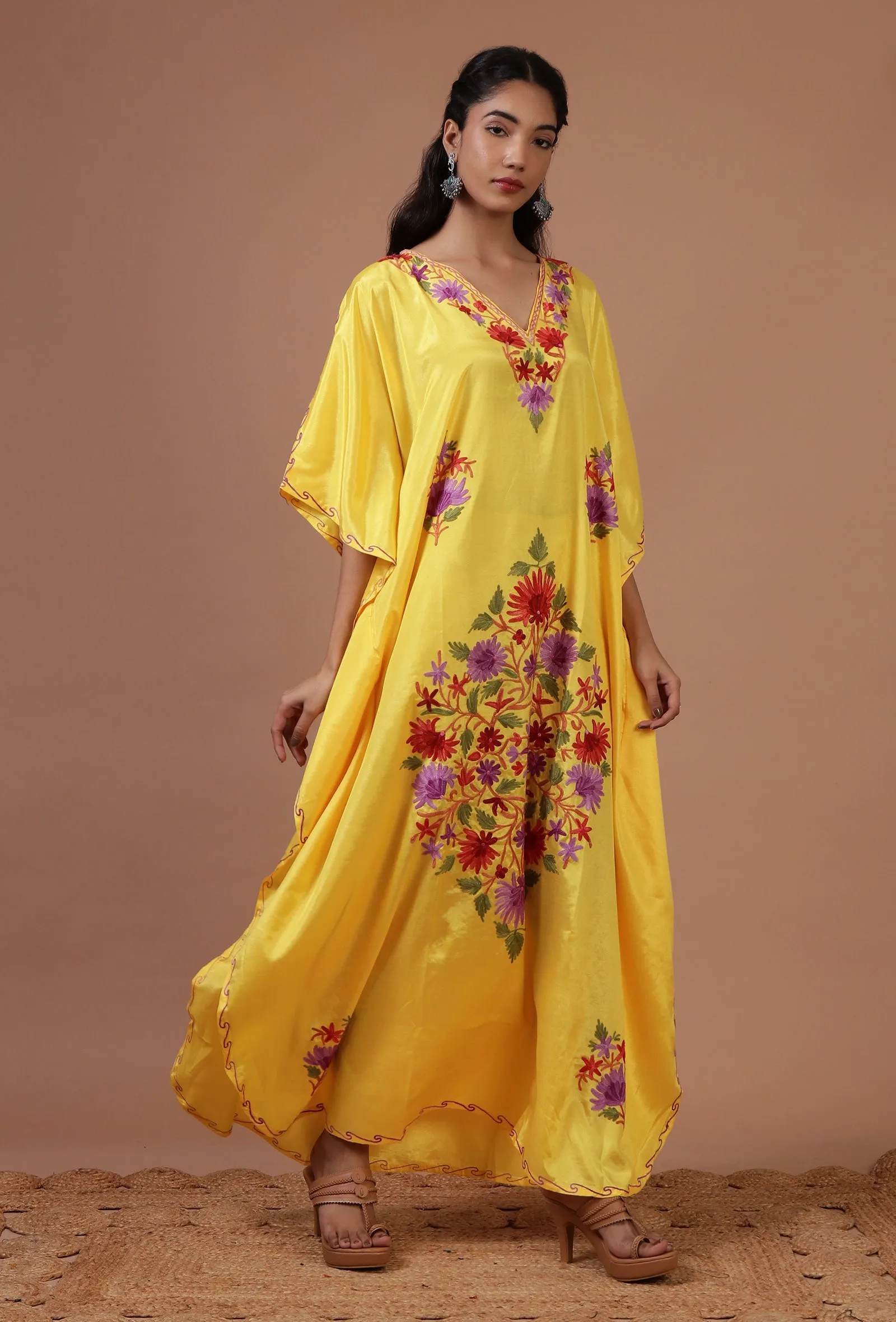 Yellow Silk Ari Embroidered Kaftan- Free Size