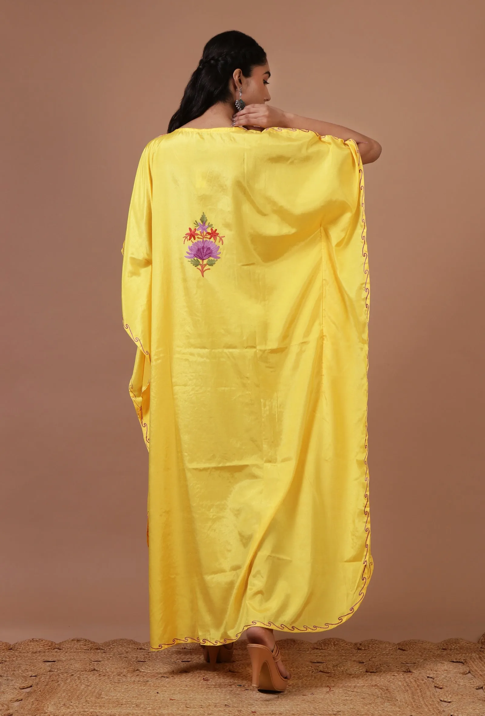 Yellow Silk Ari Embroidered Kaftan- Free Size