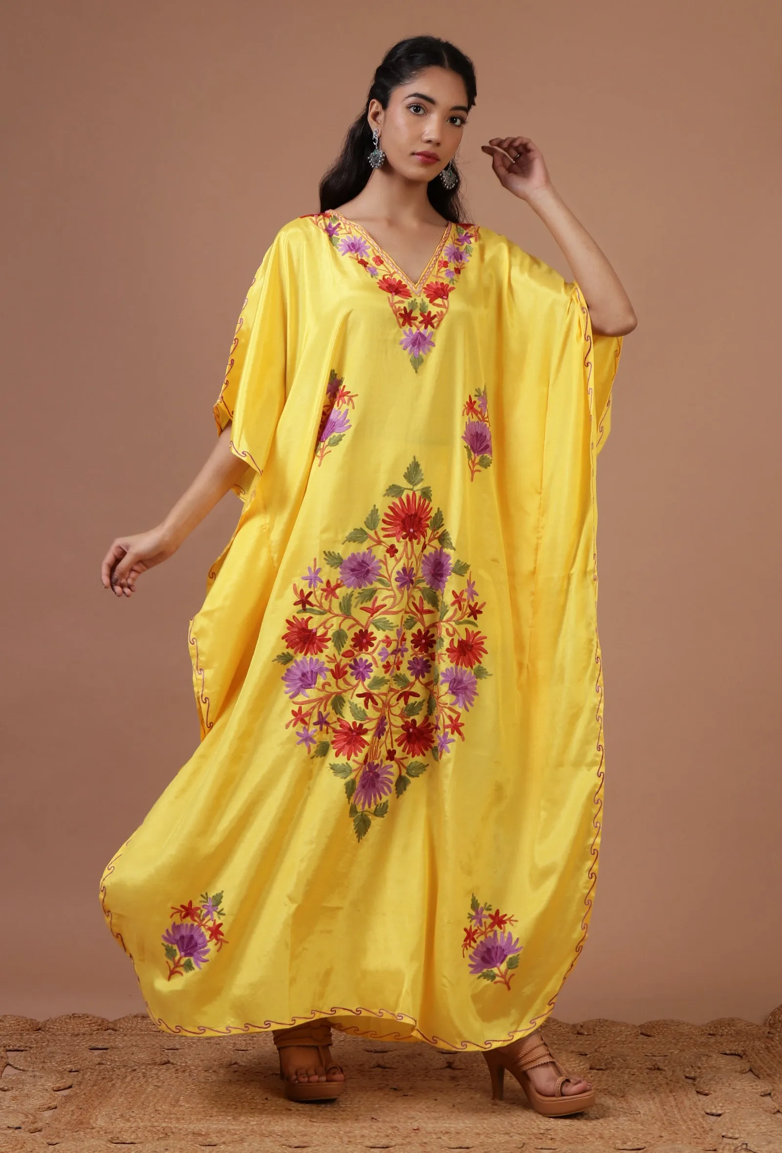 Yellow Silk Ari Embroidered Kaftan- Free Size